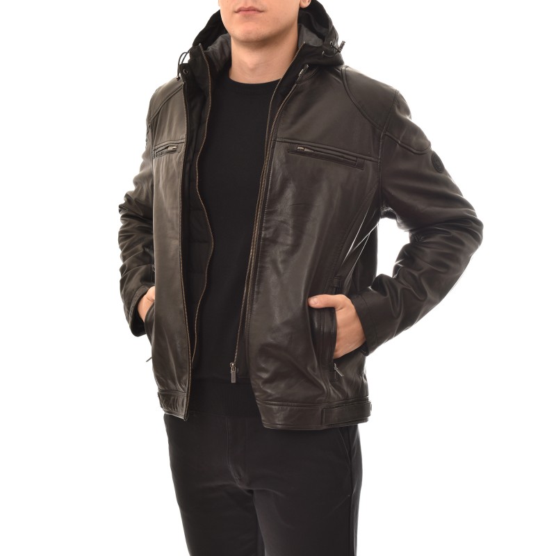 Navy & Green Detatchable Hood Leather Jacket-Black