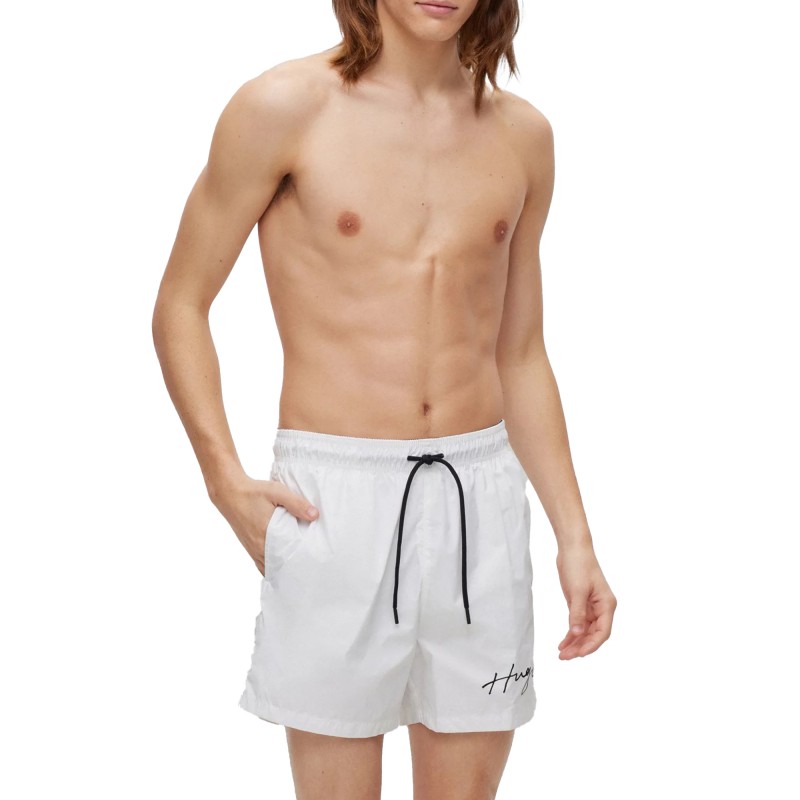 Hugo Recycled Material Swim Shorts With Handwritten Logo-White