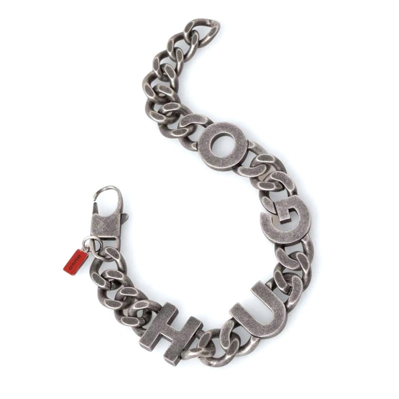 Hugo Curb-Chain Cuff With Logo Lettering-Black Silver