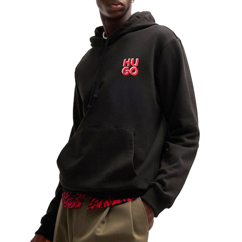 Hugo Cotton Terry Hoodie With Stacked Logo Print-Black