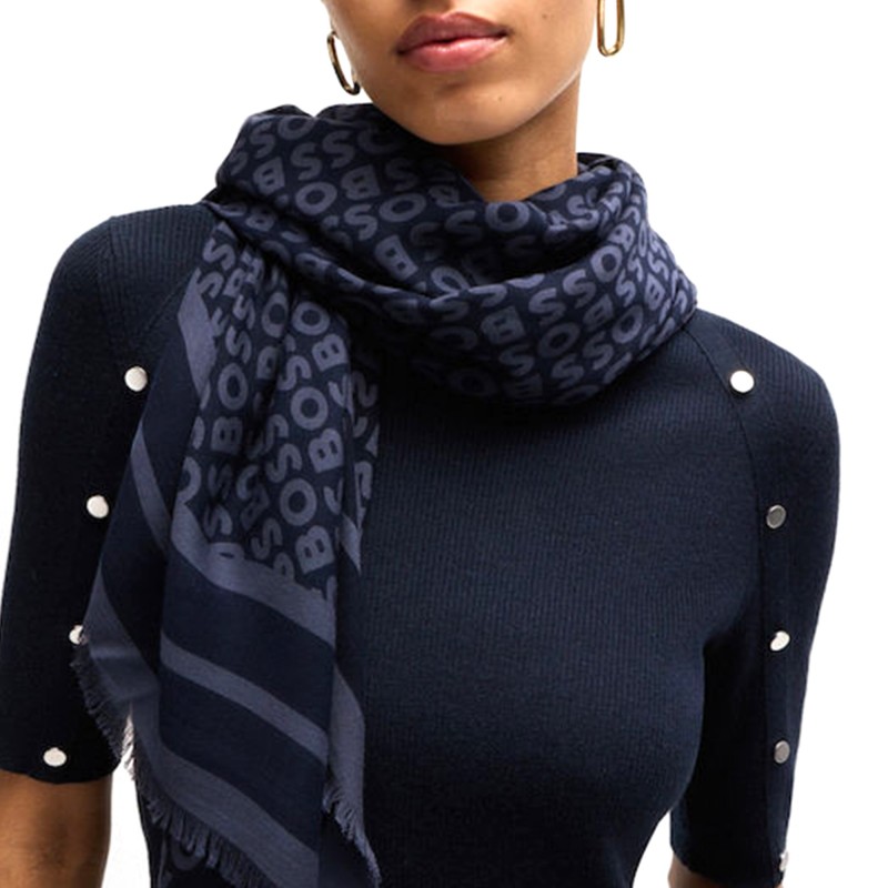 Boss Logo-Print Scarf In Modal Silk-Dark Blue