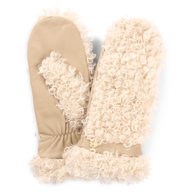 Boss Faux Teddy Mittens With Leather Panels-Beige