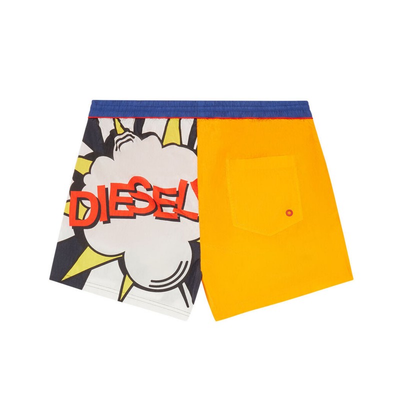 Diesel Swim Shorts With Patchwork Graphics-Blue/Yellow