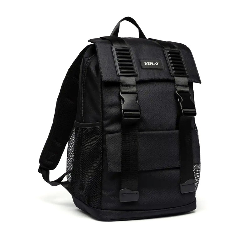 Replay Recycled Polyester Backpack With Flap Closure-Black