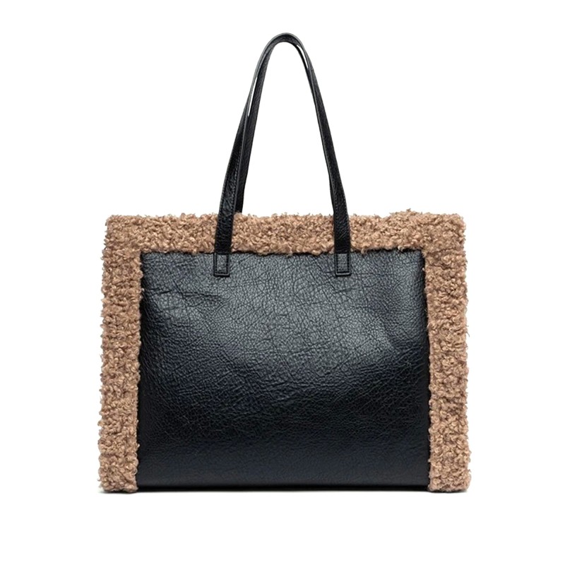 Replay Tote Bag In Fauxe Leather & Bouclee Pattern-Beige/Black