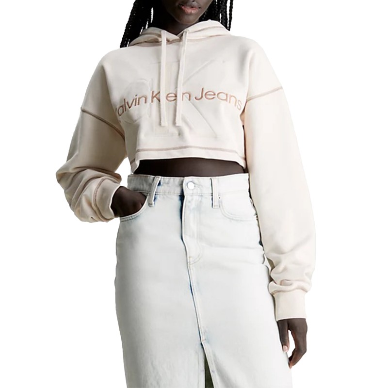 Calvin Klein Cropped Monogram Logo Hoodie-Ivory